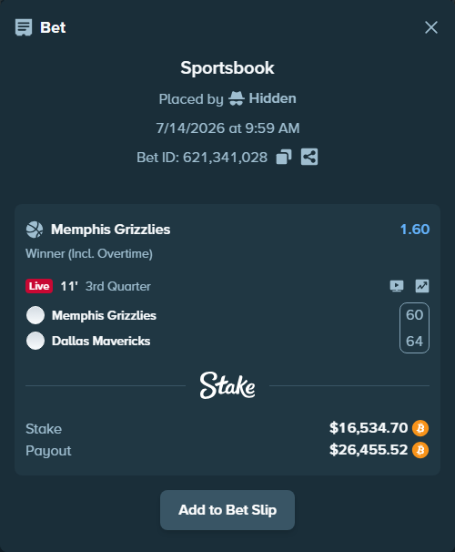 Bet slip: Memphis Grizzlies - Dallas Mavericks, $17,049.15 stake at 1.60 odds, placed by Hidden