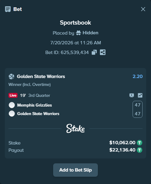 Bet slip: Memphis Grizzlies - Golden State Warriors, $10,072.06 stake at 2.20 odds, placed by Hidden