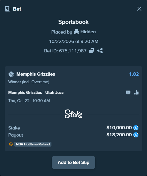 Bet slip: Memphis Grizzlies - Utah Jazz, $10,000.00 stake at 1.82 odds, placed by Lybivsk25
