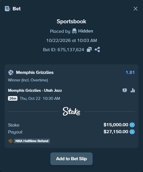 Bet slip: Memphis Grizzlies - Utah Jazz, $15,000.00 stake at 1.81 odds, placed by kordep81t