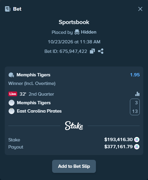 Bet slip: Memphis Tigers - East Carolina Pirates, $194,555.95 stake at 1.95 odds, placed by Prettylfacko98