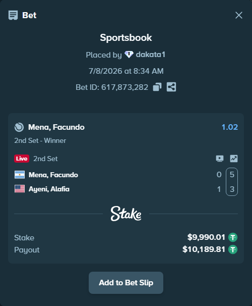 Bet slip: Mena, Facundo - Ayeni, Alafia, $10,000.00 stake at 1.02 odds, placed by dakata1