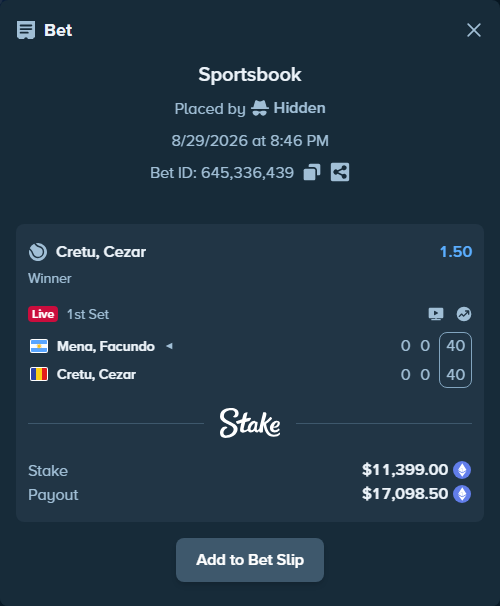 Bet slip: Mena, Facundo - Cretu, Cezar (2001), $11,392.48 stake at 1.50 odds, placed by Hidden