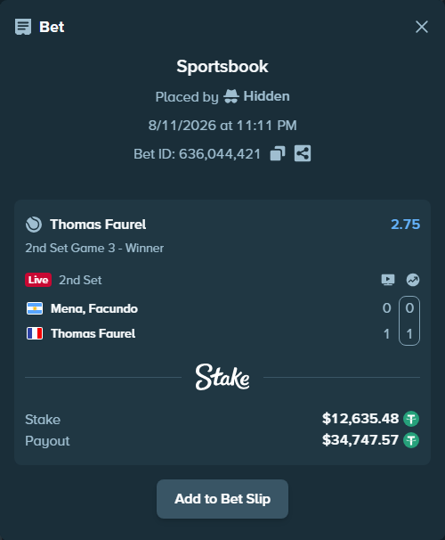 Bet slip: Mena, Facundo - Thomas Faurel, $12,648.11 stake at 2.75 odds, placed by Hidden