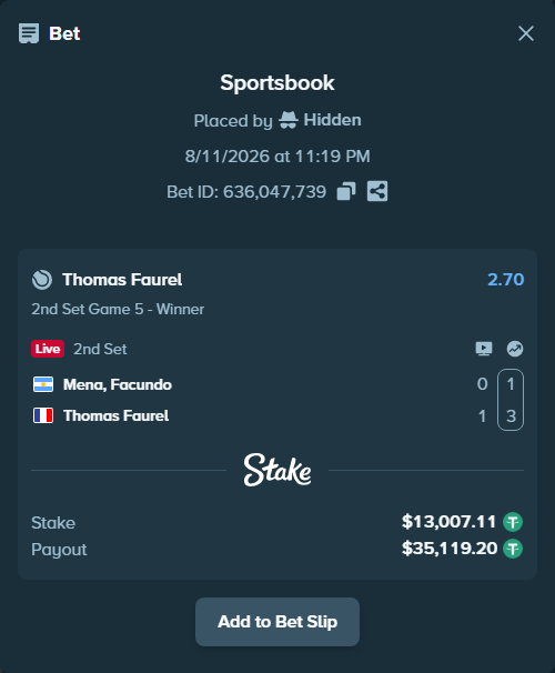 Bet slip: Mena, Facundo - Thomas Faurel, $13,020.12 stake at 2.70 odds, placed by Hidden
