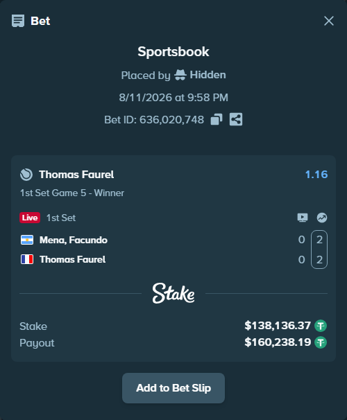 Bet slip: Mena, Facundo - Thomas Faurel, $138,274.50 stake at 1.16 odds, placed by Hidden