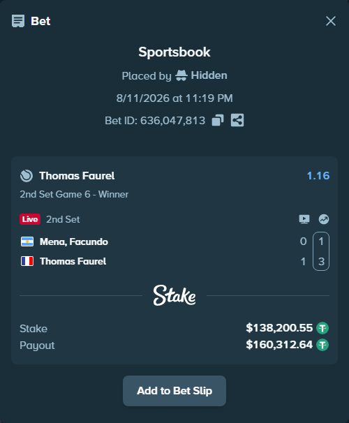 Bet slip: Mena, Facundo - Thomas Faurel, $138,338.75 stake at 1.16 odds, placed by Hidden