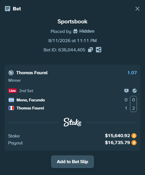 Bet slip: Mena, Facundo - Thomas Faurel, $15,551.48 stake at 1.07 odds, placed by Hidden