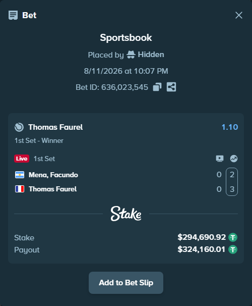 Bet slip: Mena, Facundo - Thomas Faurel, $294,985.61 stake at 1.10 odds, placed by Hidden