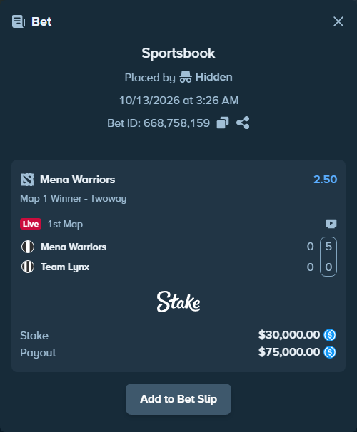 Bet slip: Mena Warriors - Team Lynx, $30,000.00 stake at 2.50 odds, placed by Hidden