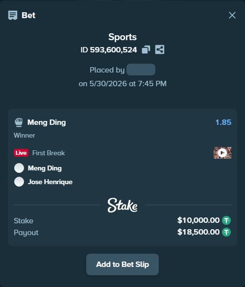 Bet slip: Meng Ding - Jose Henrique, $10,010.00 stake at 1.85 odds, placed by Mwillalwayswin