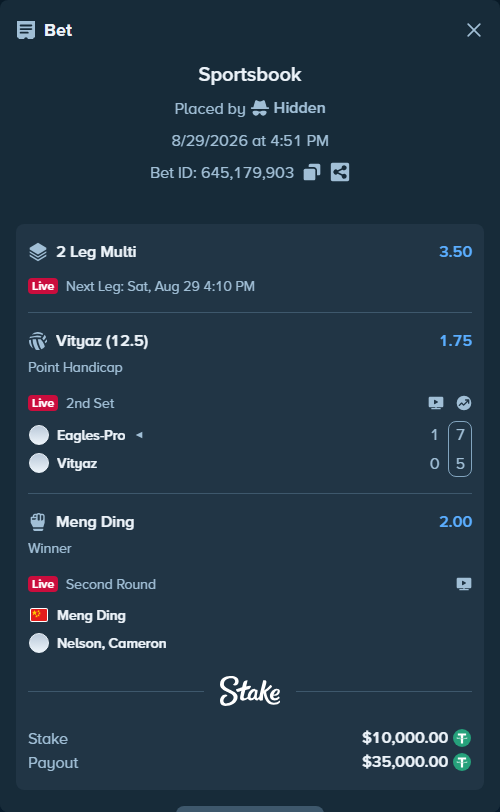 Bet slip: Meng Ding - Nelson, Cameron, $10,000.00 stake at 2.00 odds, placed by Hidden