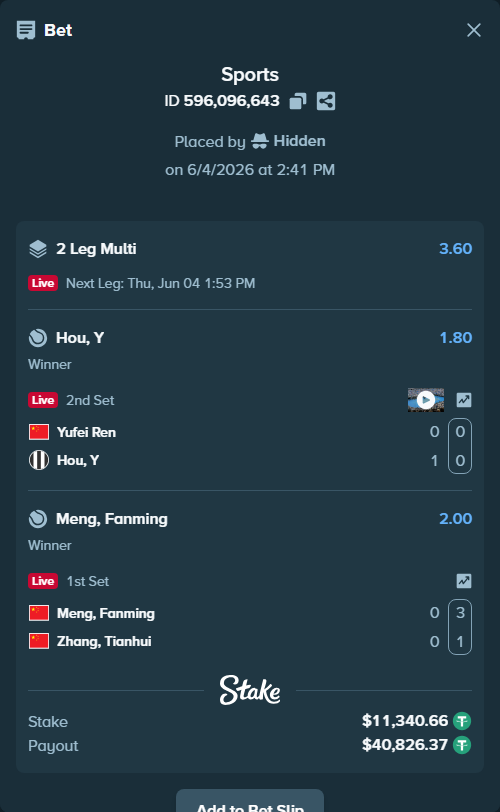Bet slip: Meng, Fanming - Zhang, Tianhui, $11,352.00 stake at 2.00 odds, placed by Hidden