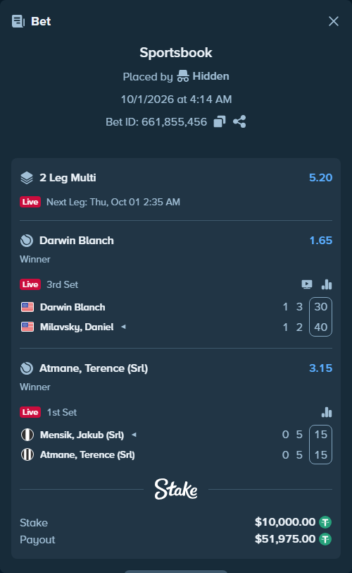 Bet slip: Mensik, Jakub (Srl) - Atmane, Terence (Srl), $10,000.00 stake at 3.15 odds, placed by Hidden