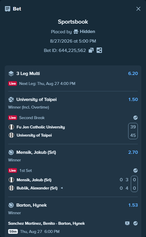 Bet slip: Mensik, Jakub (Srl) - Bublik, Alexander (Srl), $17,250.00 stake at 2.70 odds, placed by Hidden