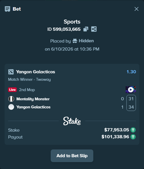 Bet slip: Mentality Monster - Yangon Galacticos, $78,031.00 stake at 1.30 odds, placed by Hidden