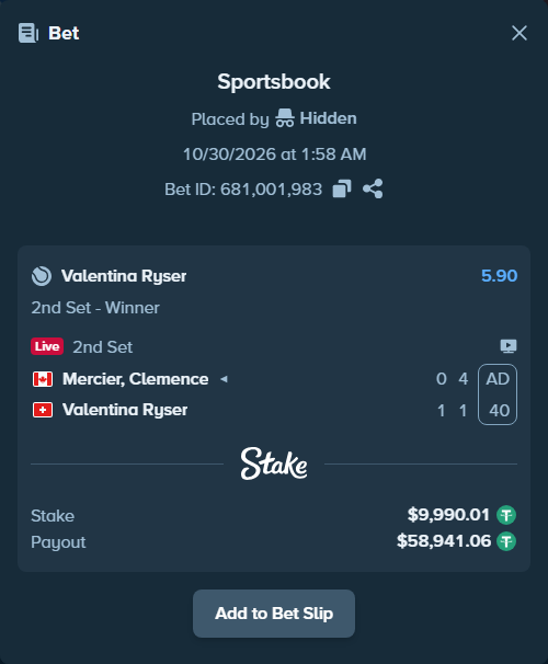 Bet slip: Mercier, Clemence - Valentina Ryser, $10,000.00 stake at 5.90 odds, placed by Hidden