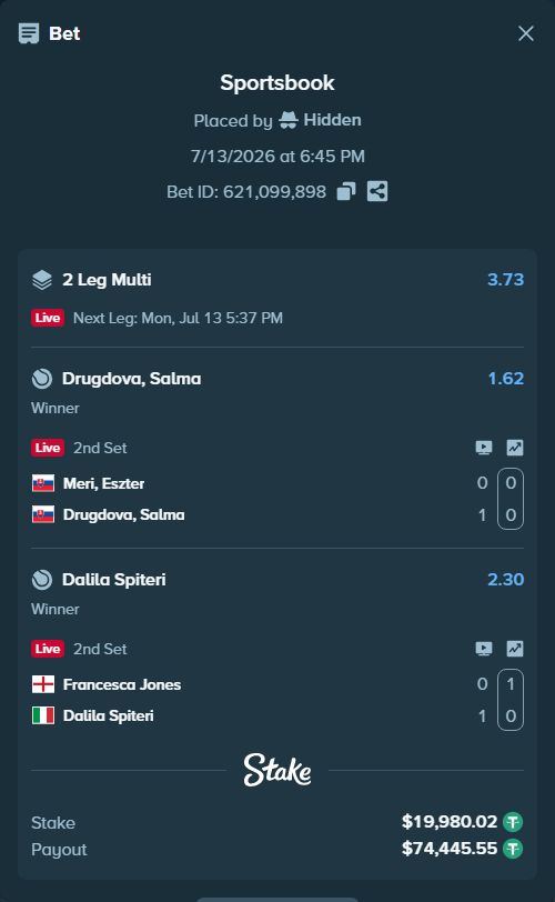 Bet slip: Meri, Eszter - Drugdova, Salma, $20,000.00 stake at 1.62 odds, placed by Hidden