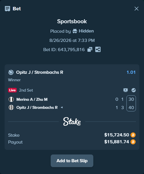 Bet slip: Merino A / Zhu M - Opitz J / Strombachs R, $15,775.99 stake at 1.01 odds, placed by Hidden
