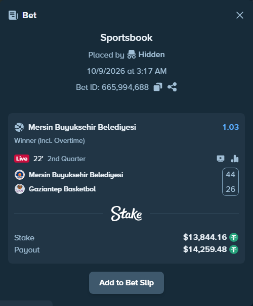 Bet slip: Mersin MSK - Gaziantep Basketbol, $13,858.00 stake at 1.03 odds, placed by Hidden