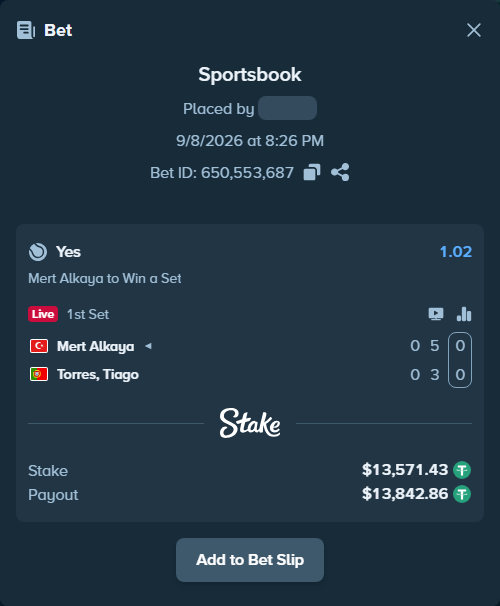 Bet slip: Mert Alkaya - Torres, Tiago, $13,571.43 stake at 1.02 odds, placed by RyazheniyPetuh