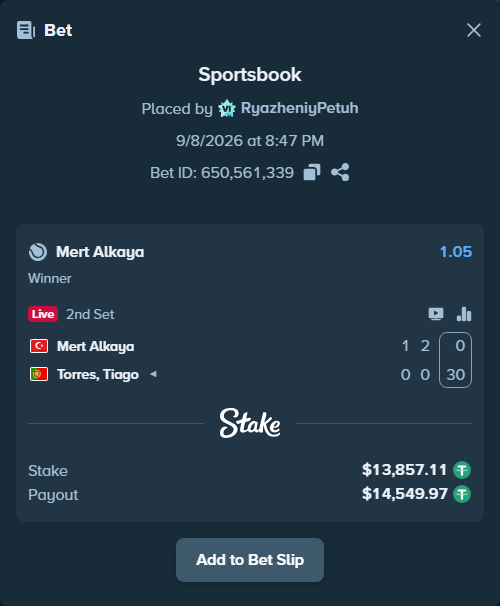 Bet slip: Mert Alkaya - Torres, Tiago, $13,857.11 stake at 1.05 odds, placed by RyazheniyPetuh