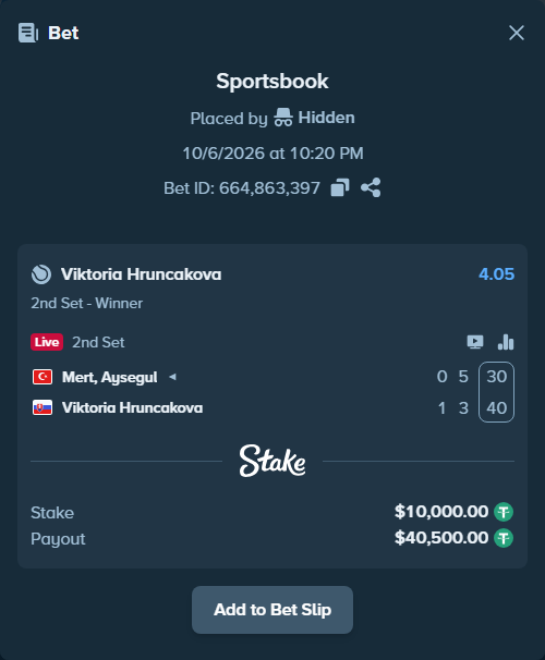 Bet slip: Mert, Aysegul - Viktoria Hruncakova, $10,000.00 stake at 4.05 odds, placed by Hidden