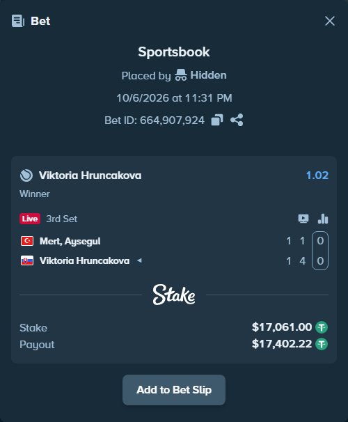 Bet slip: Mert, Aysegul - Viktoria Hruncakova, $17,061.00 stake at 1.02 odds, placed by Hidden