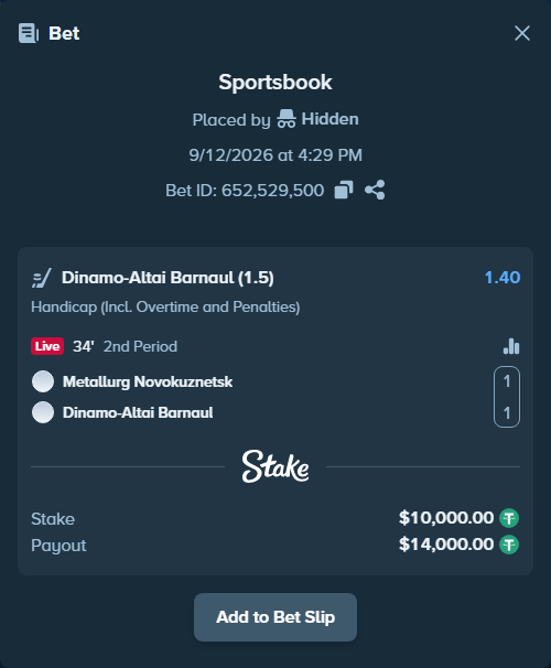 Bet slip: Metallurg Novokuznetsk - Dinamo-Altai Barnaul, $10,000.00 stake at 1.40 odds, placed by Hidden