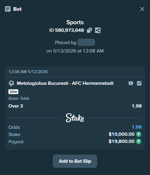 Bet slip: Metaloglobus Bucuresti - AFC Hermannstadt, $10,000.00 stake at 1.98 odds, placed by crazypianist
