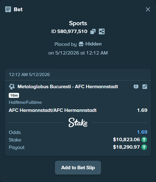 Bet slip: Metaloglobus Bucuresti - AFC Hermannstadt, $10,823.06 stake at 1.69 odds, placed by Hidden