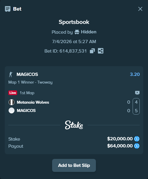 Bet slip: Metanoia Wolves - MAGICOS, $20,000.00 stake at 3.20 odds, placed by Hidden