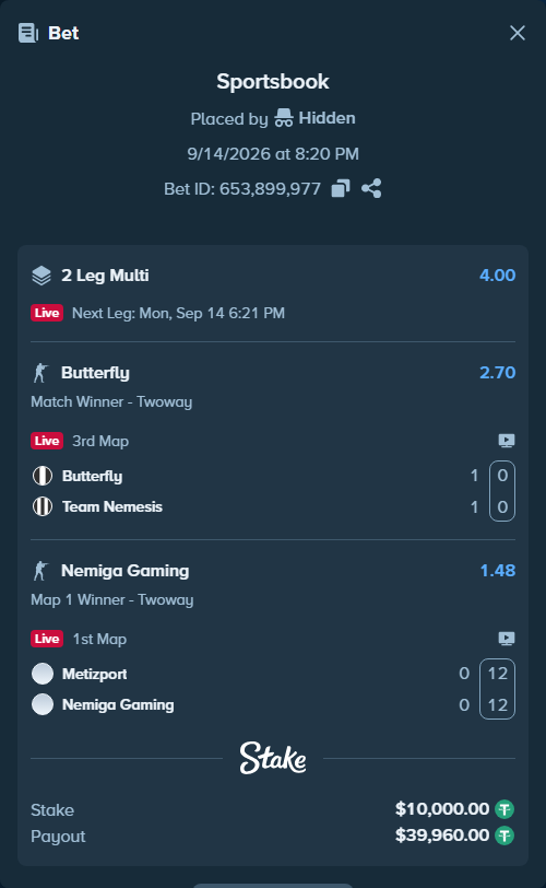 Bet slip: Metizport - Nemiga Gaming, $10,010.00 stake at 1.48 odds, placed by Hidden