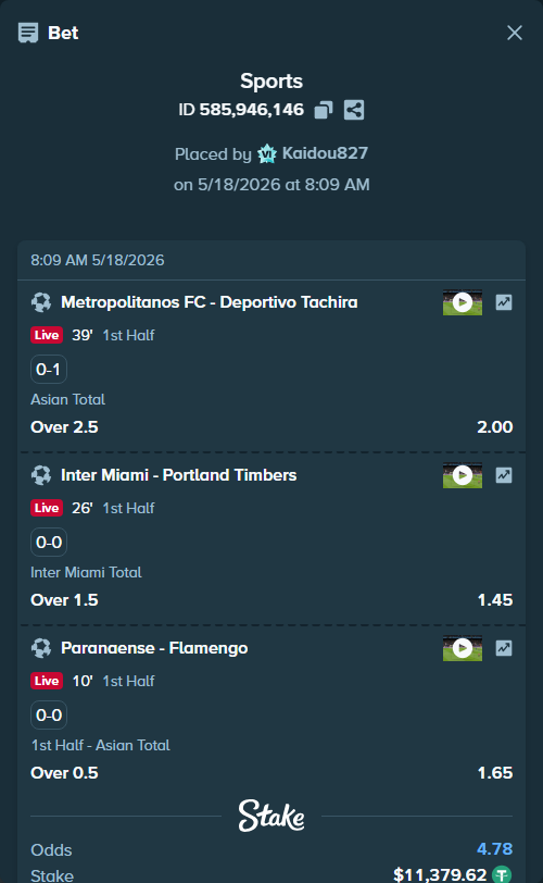 Bet slip: Metropolitanos FC - Deportivo Tachira, $11,391.00 stake at 2.00 odds, placed by Kaidou827