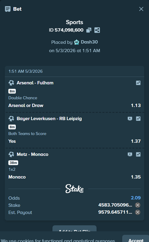 Bet slip: Metz - Monaco, $5,271.26 stake at 1.35 odds, placed by Dash30