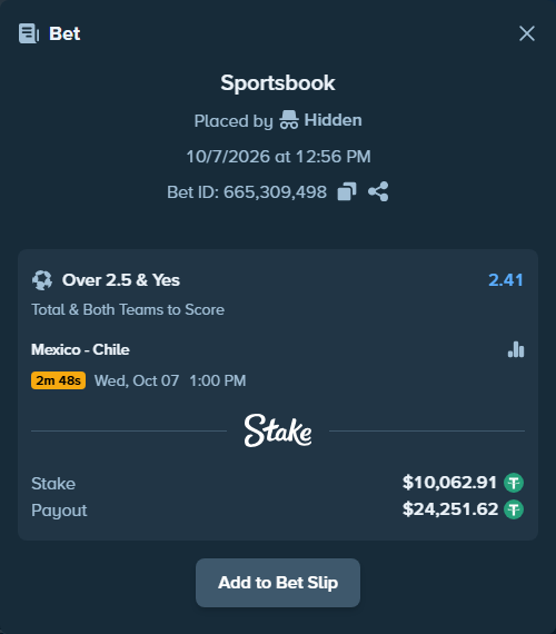 Bet slip: Mexico - Chile, $10,062.91 stake at 2.41 odds, placed by Hidden