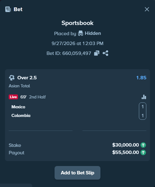 Bet slip: Mexico - Colombia, $30,000.00 stake at 1.85 odds, placed by tlwns4736