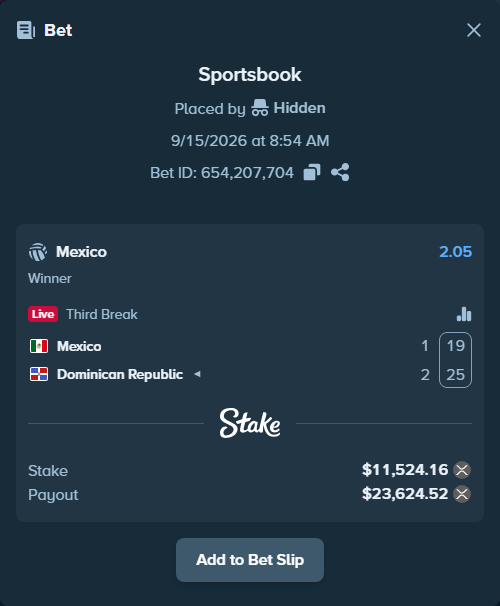 Bet slip: Mexico - Dominican Republic, $11,441.92 stake at 2.05 odds, placed by Hidden