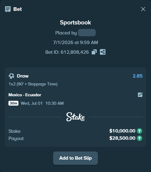 Bet slip: Mexico - Ecuador, $10,010.00 stake at 2.85 odds, placed by hagrid17