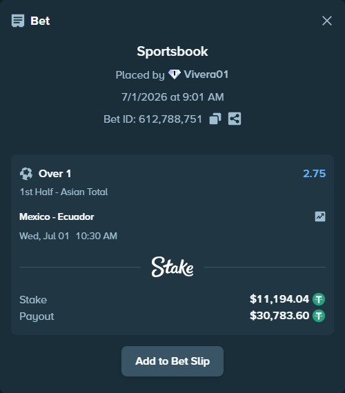 Bet slip: Mexico - Ecuador, $11,205.23 stake at 2.75 odds, placed by Vivera01