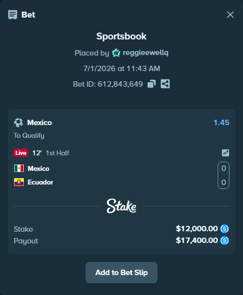Bet slip: Mexico - Ecuador, $12,000.00 stake at 1.45 odds, placed by reggieewellq