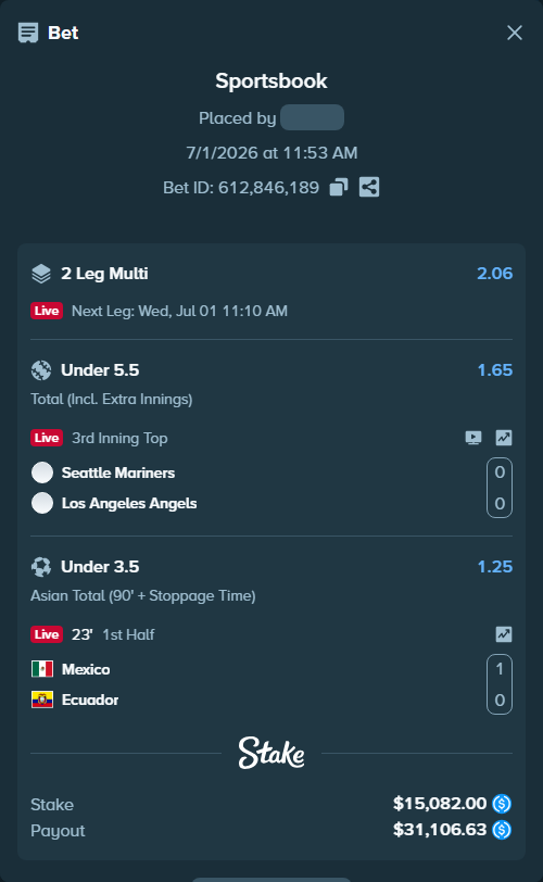 Bet slip: Mexico - Ecuador, $15,082.00 stake at 1.25 odds, placed by AsTraL11