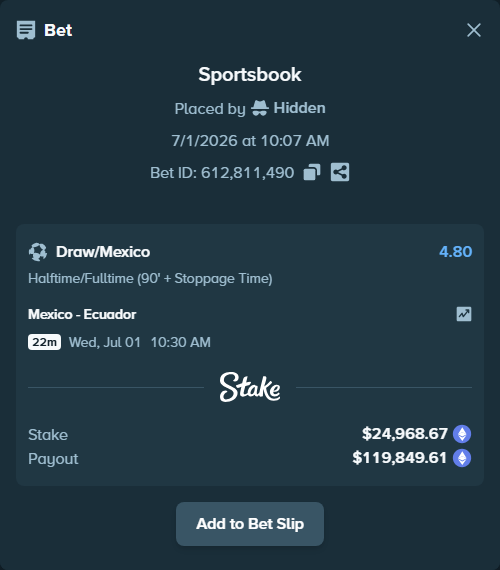 Bet slip: Mexico - Ecuador, $28,505.34 stake at 4.80 odds, placed by Cabrzy