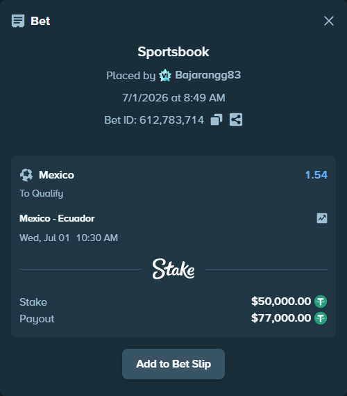 Bet slip: Mexico - Ecuador, $50,050.00 stake at 1.54 odds, placed by Bajarangg83