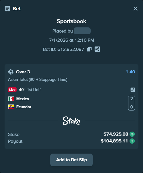 Bet slip: Mexico - Ecuador, $75,000.00 stake at 1.40 odds, placed by whimpZLA