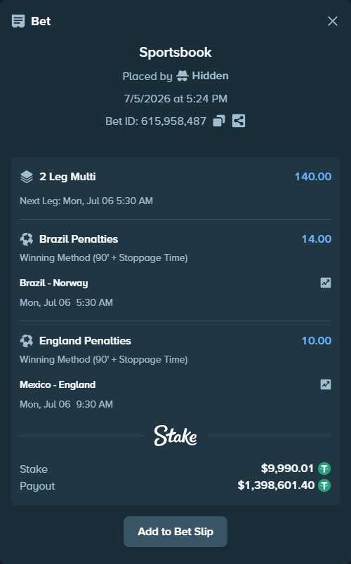 Bet slip: Mexico - England, $10,000.00 stake at 10.00 odds, placed by Hidden