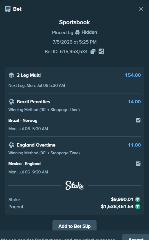Bet slip: Mexico - England, $10,000.00 stake at 11.00 odds, placed by Hidden