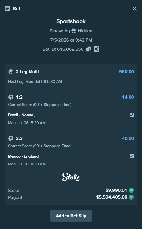 Bet slip: Mexico - England, $10,000.00 stake at 40.00 odds, placed by Hidden