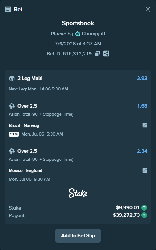 Bet slip: Mexico - England, $10,000.00 stake at 2.34 odds, placed by Champjoll