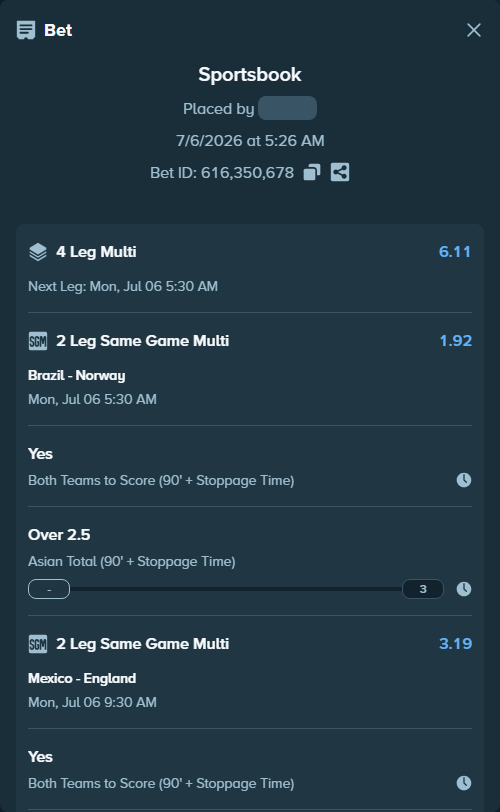 Bet slip: Mexico - England, $10,002.00 stake at 1.93 odds, placed by MrDivinity